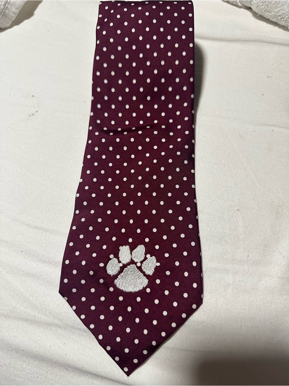Men's Polka Dot Burgundy Tie with White Paw Embroidery